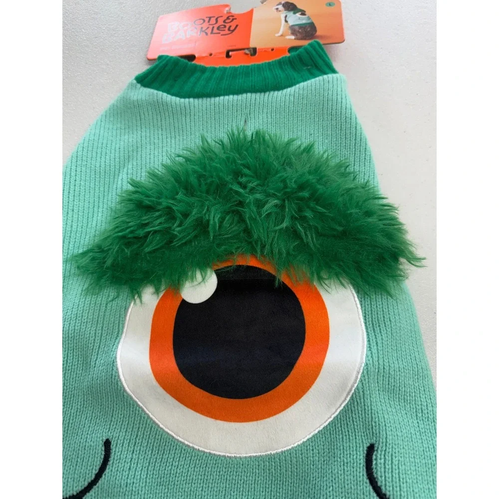 Boots & Barkley Monster Pet Dog Sweater Green Large L Fuzzy Eyebrow Eye Pullover